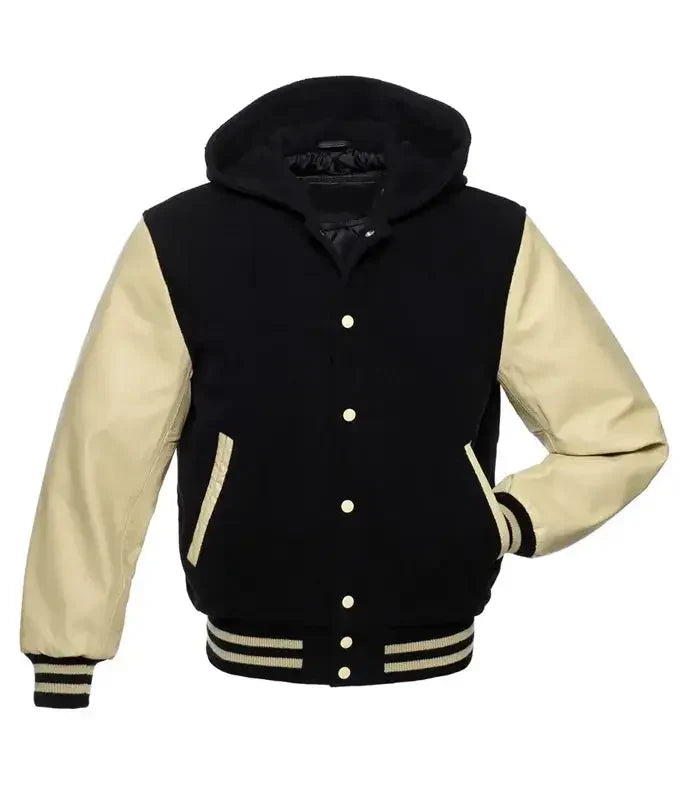 Black and Cream Hooded Varsity Jacket