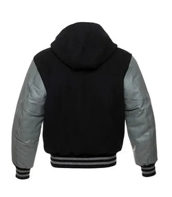 Black and Grey Hooded Varsity Jacket View 3
