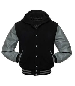 Black and Grey Hooded Varsity Jacket View 2