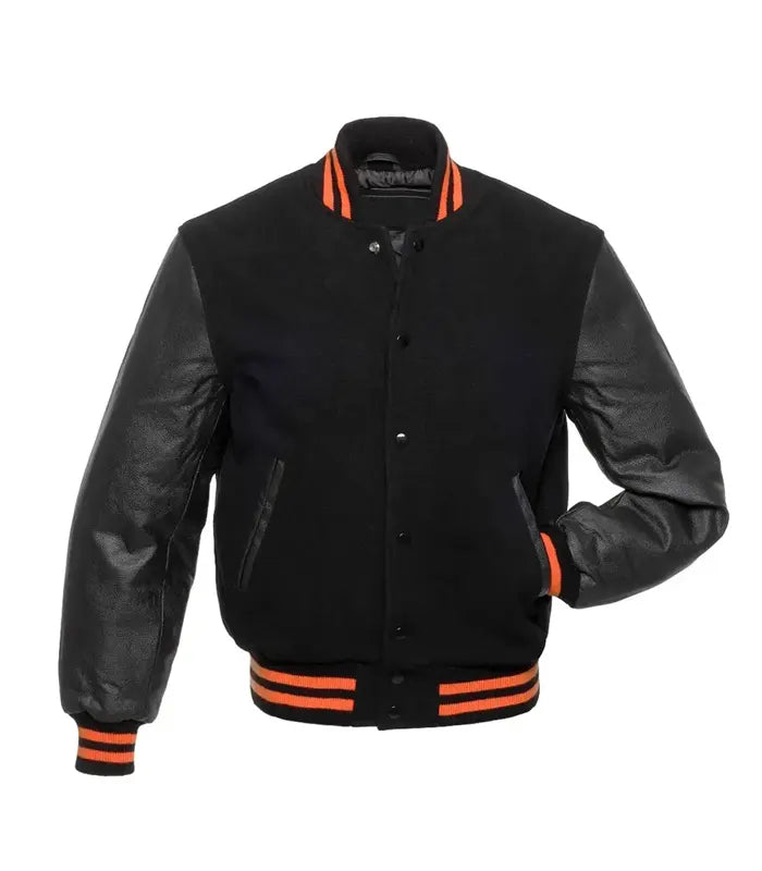 Black And Orange Knit Trim Varsity Jacket