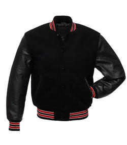 Black With Red Knit Trim Varsity Jacket View 1