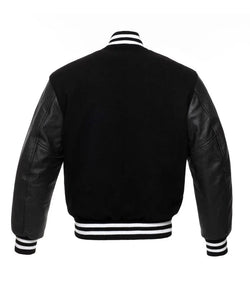 Black With White Knit Trim Varsity Jacket View 3