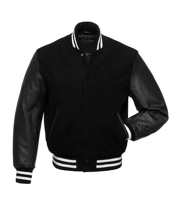 Black With White Knit Trim Varsity Jacket