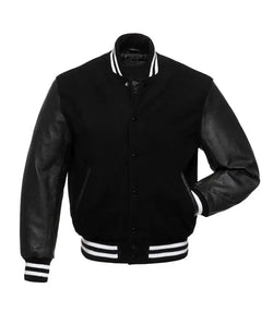 Black With White Knit Trim Varsity Jacket View 1