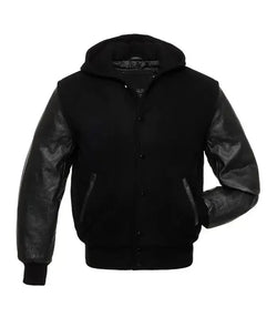 Black Hooded Varsity Jacket View 1