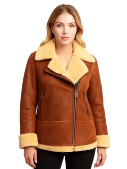 Women Classic Brown Shearling Leather Jacket View 1