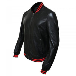 Men's Black Bomber Leather Jacket View 3