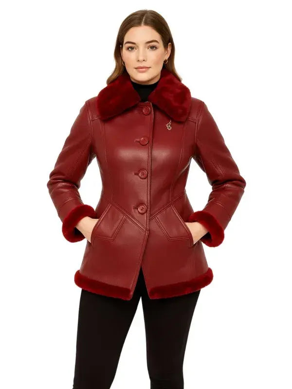 Shearling Leather Coat with Flared Hem