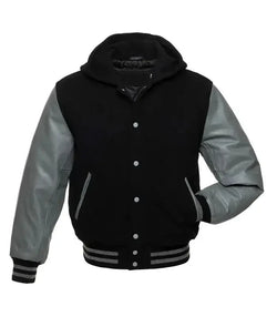 Black and Grey Hooded Varsity Jacket View 1
