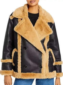Katherine Black Leather Shearling Double Breasted Jacket View 1