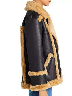 Katherine Black Leather Shearling Double Breasted Jacket View 4