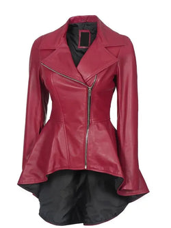Womens Pink Peplum Leather Jacket View 4
