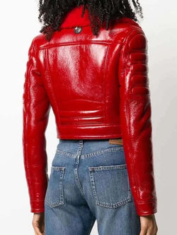 Lainey Red Lambskin Leather Cropped Jacket View 3