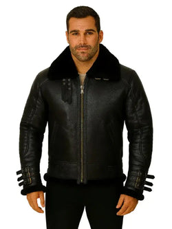 Men Black Shearling Biker Leather Jacket View 2