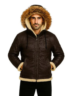 Men's B3 Dark Brown Shearling Hooded Jacket View 1