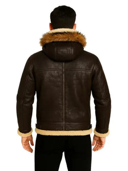 Men's B3 Dark Brown Shearling Hooded Jacket View 2