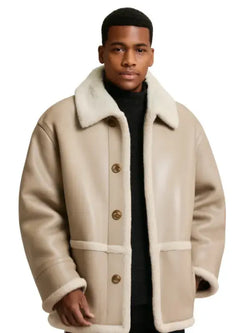 Oversized Shearling-Lined Leather Jacket with Button Front View 1