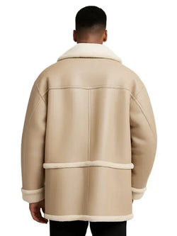 Oversized Shearling-Lined Leather Jacket with Button Front View 2