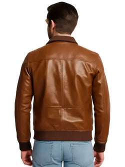 Men Bomber Shining Brown Leather Jacket View 2