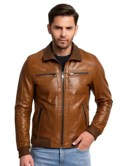 Men Bomber Shining Brown Leather Jacket View 1