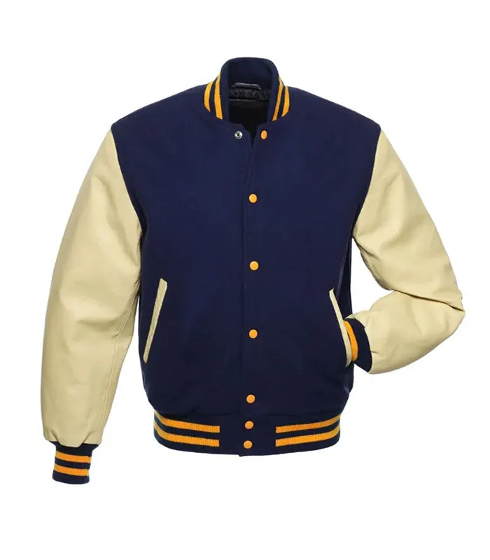 Navy And Natural With Gold Knit Trim Varsity Jacket