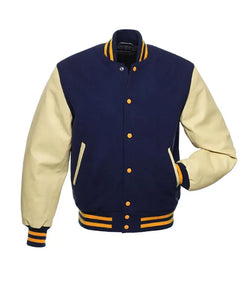 Navy And Natural With Gold Knit Trim Varsity Jacket View 1
