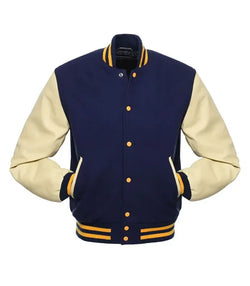 Navy And Natural With Gold Knit Trim Varsity Jacket View 2