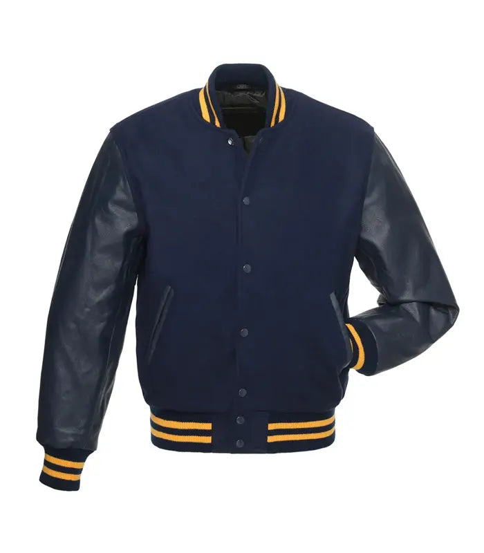 Navy With Gold Knit Trim Varsity Jacket
