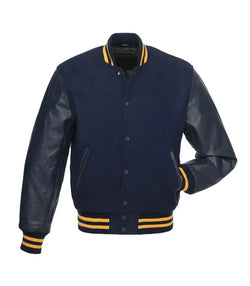 Navy With Gold Knit Trim Varsity Jacket View 1