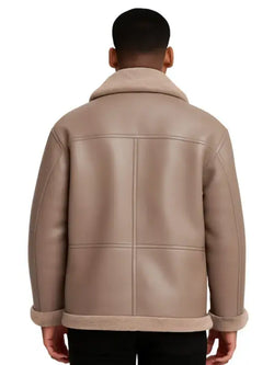 Oversized Taupe Leather Jacket with Shearling Cuff & Collar View 2