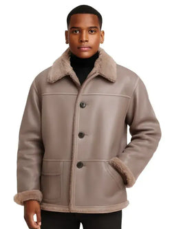 Oversized Taupe Leather Jacket with Shearling Cuff & Collar View 1