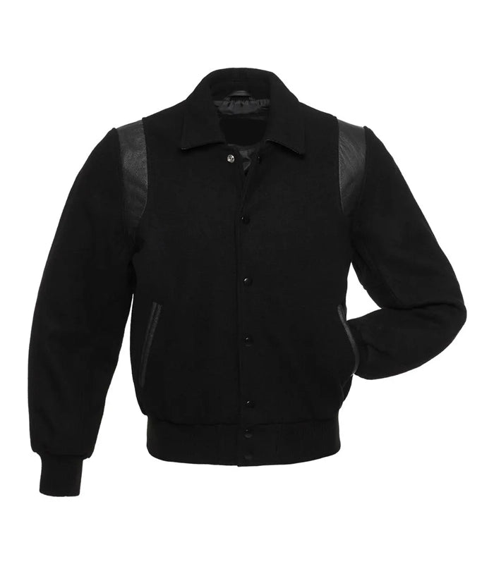 Retro Black Wool With Black Leather Varsity Jacket