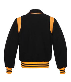 Retro Black Wool With Gold Leather Varsity Jacket View 2