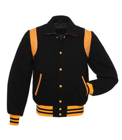 Retro Black Wool With Gold Leather Varsity Jacket View 3