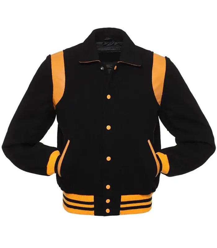 Retro Black Wool With Gold Leather Varsity Jacket