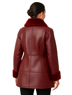 Shearling Cuff and Collar Leather Coat with Flared Hem View 2