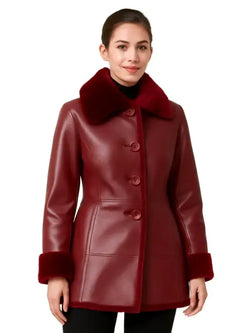 Shearling Cuff and Collar Leather Coat with Flared Hem View 1
