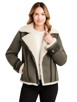 Women’s Shearling Grey Motorcycle Leather Jacket View 1