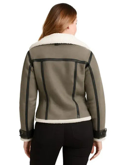 Women’s Shearling Grey Motorcycle Leather Jacket View 2