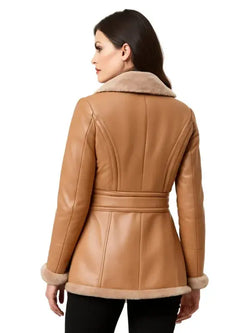Tan Shearling Leather Peacoat View 2