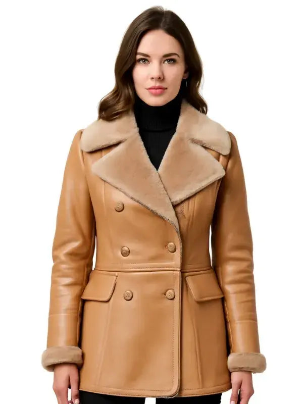 Tan Shearling Leather Peacoat