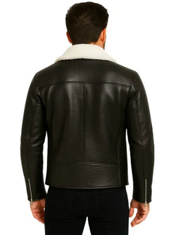 Men White Fur Black Leather Jacket View 2
