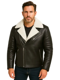 Men White Fur Black Leather Jacket View 1