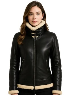 Woman’s Black Shearling Bomber Leather Jacket View 1