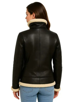 Woman’s Black Shearling Bomber Leather Jacket View 2
