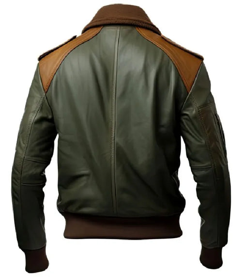 Rear view of A2 aviator shearling olive leather jacket featuring brown shoulder panels and ribbed hem and cuffs.