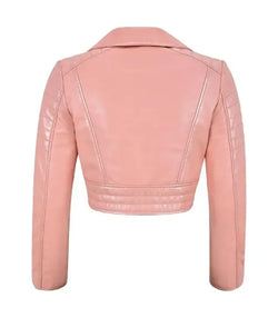 Womens Baby Pink Cropped Leather Jacket View 3