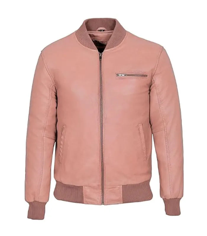 Baby Pink Leather Bomber Jacket