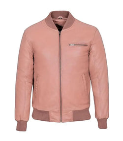 Baby Pink Leather Bomber Jacket View 1