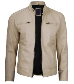 Mens Cafe Racer Beige Leather Jacket View 3